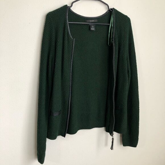 Tahari Crewneck Green Knit Zip Cardigan Faux Leather trim - Picture 5 of 11